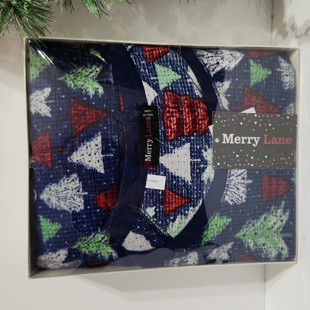 Merry Lane Ladies 3X Midnight Blue  Christmas Tree 2pc Pajama Set